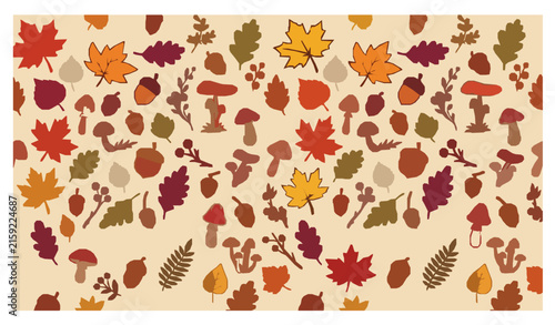 Cute Fall Seamless Pattern with Colorful Leaves Mushrooms Acorns and Berry Elements