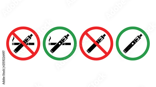 Smoking and vaping signs icon set. No smoking and smoking allowed signs with cigarette and e cigarette symbols. Prohibition and permission signs for public places. Tobacco and vaping rules.