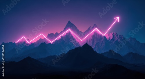 Glowing pink neon line graph rising over dark mountain range landscape at night under twilight sky