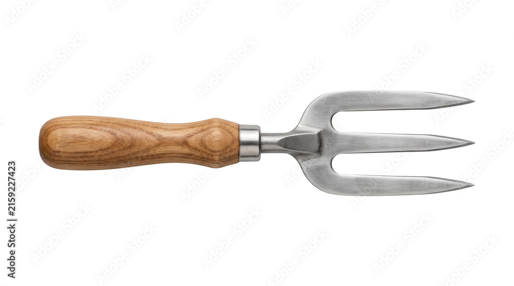 Fototapeta premium A high-quality garden fork with a wooden handle and stainless steel tines. Perfect tool for gardening, planting, and soil cultivation, isolated on a transparent background.