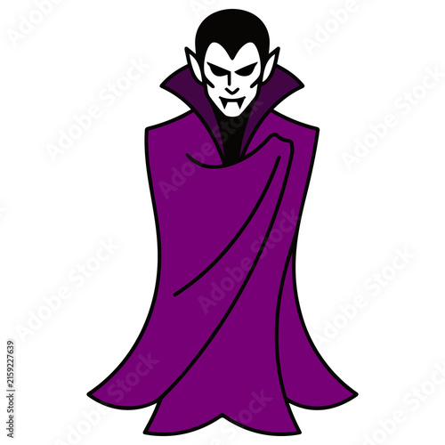 Graphic illustration of a classic vampire wearing a purple cape with pointed ears and fangs halloween character illustration creature mysterious