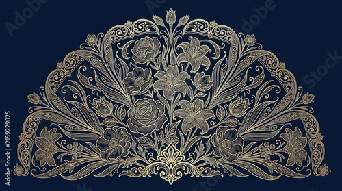Photography Elegant floral semicircle composition with intricate line art roses and lilies o