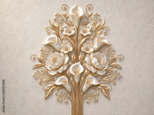 Ornate gold and ivory floral bouquet wall panel relief