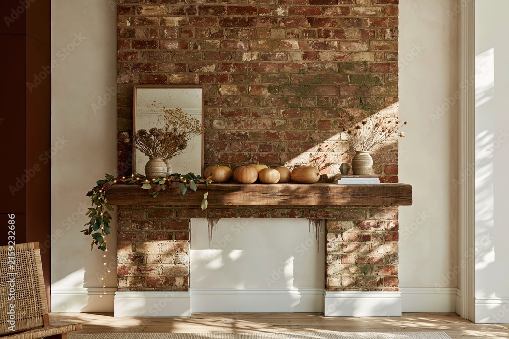 Fototapeta premium Terracotta brick fireplace with a rustic timber mantel styled with golden pumpkins and dried florals for autumn home decor and seasonal interiors