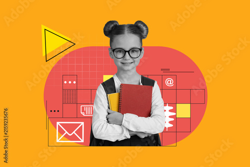 Konstfotografi Smiling Young Caucasian Girl With Glasses Holding Colorful Notebooks And Books, Standing In Classroom With Yellow Background, Excited About Learning And Education, Concept Focused On Growth