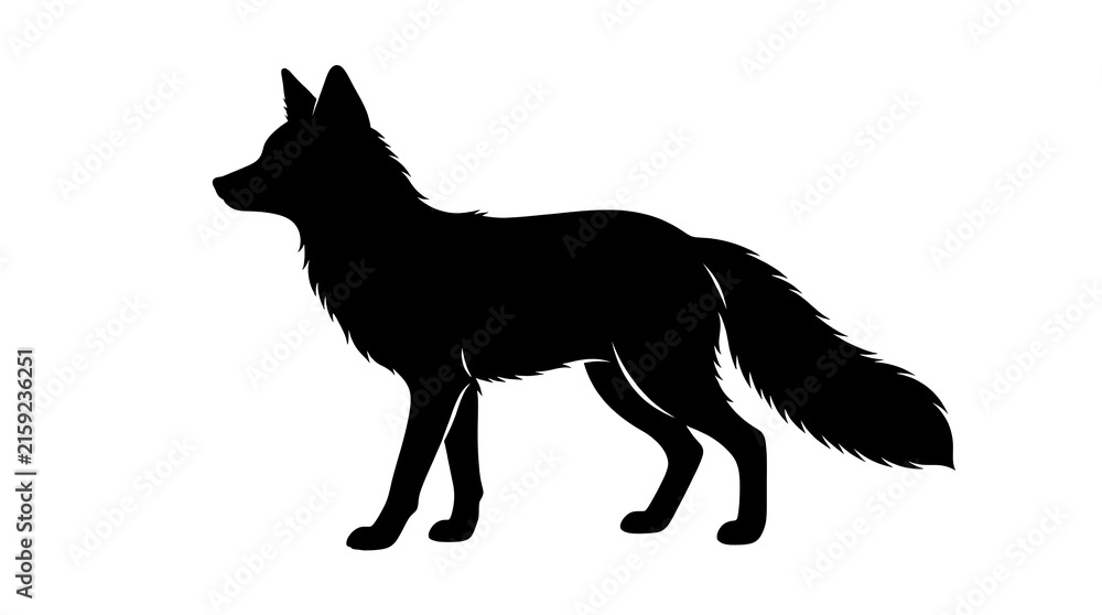 Fototapeta premium Detailed black silhouette of a wild fox standing isolated on white background