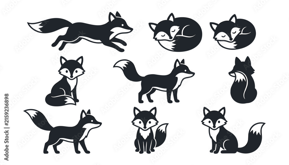 Obraz premium Cute Black and White Fox Silhouette Vector Set with Different Poses for Laser Cutting Stencils Vinyl Decals Stickers and Kids Graphic Designs
