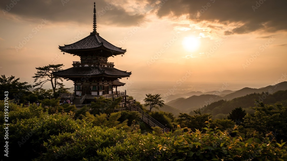 Obraz premium Traditional Japanese pagoda temple silhouette at sunset over mountain landscape scenery.