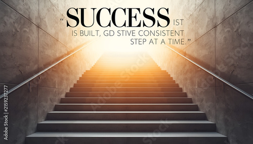 Concrete staircase leading up toward bright glowing light features a motivational quote about success and incremental achievement.