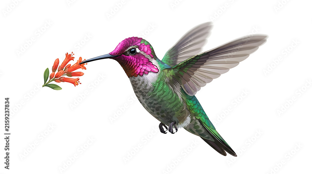 Fototapeta premium Hummingbird hovering near a small flower isolated on white background