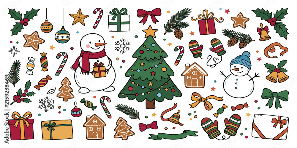 Fototapeta premium Christmas holiday elements collection with decorated tree snowman gifts gingerbread house and winter ornaments vector