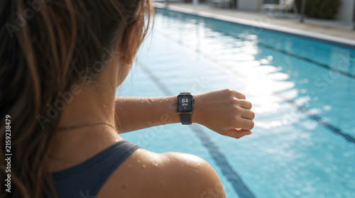 Close up of an athlete watching her smartwatch to monitor heart rate after swimming laps in a sunny outdoor pool on a bright summer day