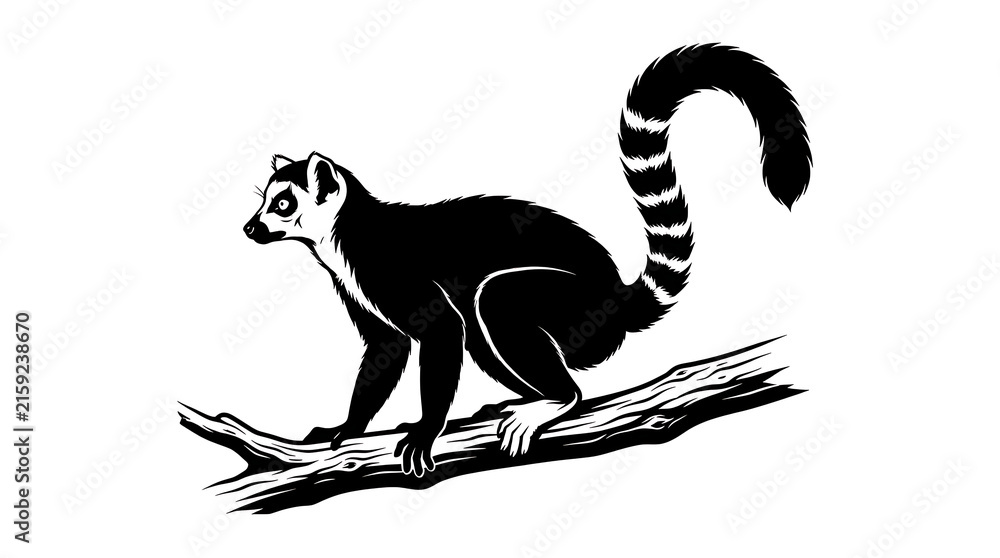 Naklejka premium Ring tailed lemur perched on a tree branch black and white illustration