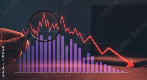 Hand holding magnifying glass over a declining red financial bar chart graph