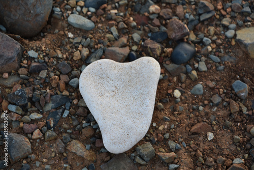White Heart Shaped Rock Resting on Sandy Beach Shore