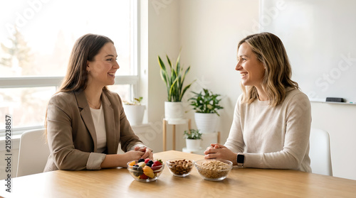 Two happy businesswomen networking over healthy fruit and nuts in modern office kitchen