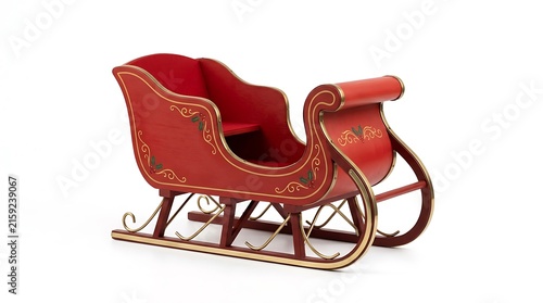 Classic red sleigh with ornate gold trim and holly accents for winter holidays