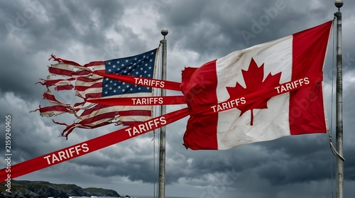 Canadian Flags with Tariff Text Flying Against Stormy Sky Representing Trade Policy and Economic Conflict