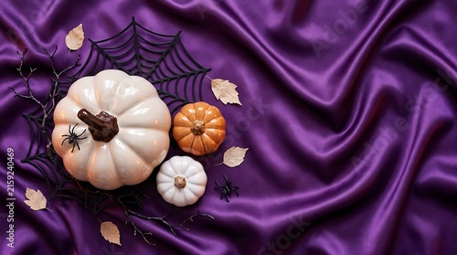 Small decorative pumpkins resting upon a luxurious deep purple silk fabric background for halloween