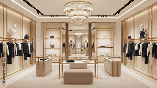 Luxury high-end fashion store interior design concept with gold shelves, clothing racks, and elegant lighting
