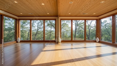 Empty modern minimalist living room with wood flooring and ceiling and floor to ceiling windows
