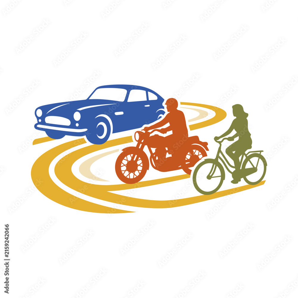 Naklejka premium Flat vector silhouettes of car motorcycle and bicycle on a road