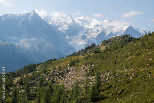 Fotografie Sunlit green mountainside overlooking the snow-covered Mont Blanc massif near Chamonix in the French Alps