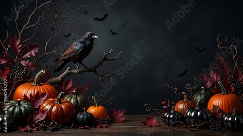 A spooky halloween scene featuring a black raven perched above glowing orange pumpkins background