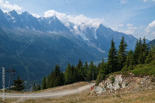 Sunlit alpine trail and conifer forest overlooking the glaciated Mont Blanc massif near Chamonix, France.