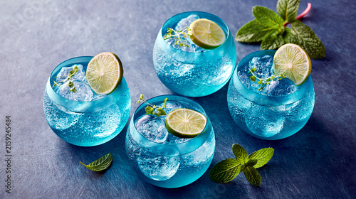 Cool blue refreshing drinks with ice, lime slices and fresh mint served in vibrant turquoise glasses on dark blue background
