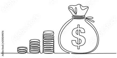 Continuous single line drawing of a money bag and stacks of coins representing wealth and financial success isolated on a white background Vector, illustration