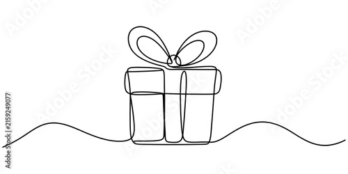 Continuous single line drawing of a gift box with a ribbon bow isolated on a white background for minimalist holiday and birthday celebration design Vector, illustration