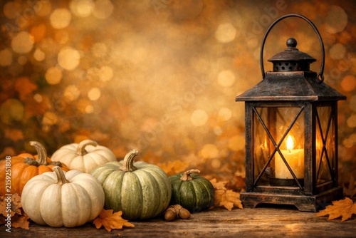 Warm autumn lantern and assorted pumpkins still life for thanksgiving background and cozy seasonal poster design with bokeh lights