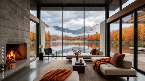 A stunning backdrop of autumn leaves surrounding a retirement lake with colorful fall trees. Inside, an online webinar presentation in a home office, complete with a fireplace and a virtual room