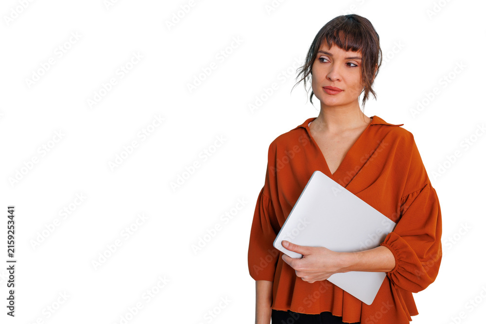 Fototapeta premium Professional woman holding a laptop, standing and thinking, ready for business and technology work, transparent background