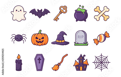 Cute Halloween icon set with ghost, bat, pumpkin, witch hat, cauldron, candy, skull, coffin and spooky symbols for seasonal graphic design, stickers and party decoration