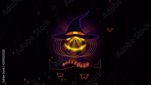 Neon Outline Jack O Lantern With Witch Hat And Butterflies