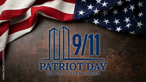 Patriot day tribute graphic with rippling american flag and stylized twin towers illustration over dark rustic textured background commemorating September eleventh tragedy.