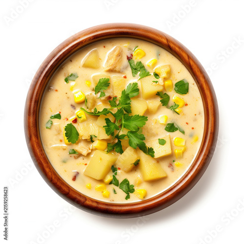 Creamy Sweet Corn Chowder Soup with Potatoes in Wooden Bowl Isolated on White Background