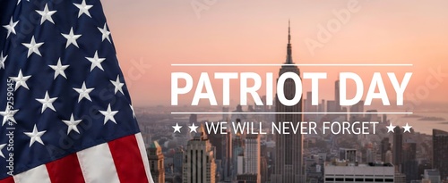 Patriot day background featuring american flag and new york city skyline at sunset for september eleven memorial observance and remembrance ceremonies to honor victims and heroes.