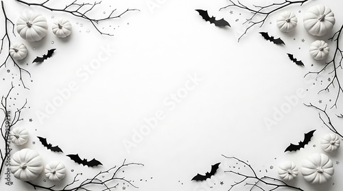 Top view of a festive halloween background with white pumpkins and black paper bats on a clean white surface copy space