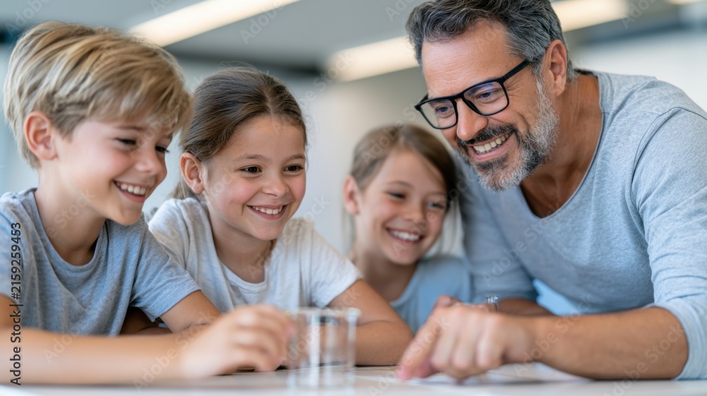 Fototapeta premium Adult male teacher interacts with three children during a classroom activity, all smiling and engaged, with a glass of water on the table in a modern educational setting