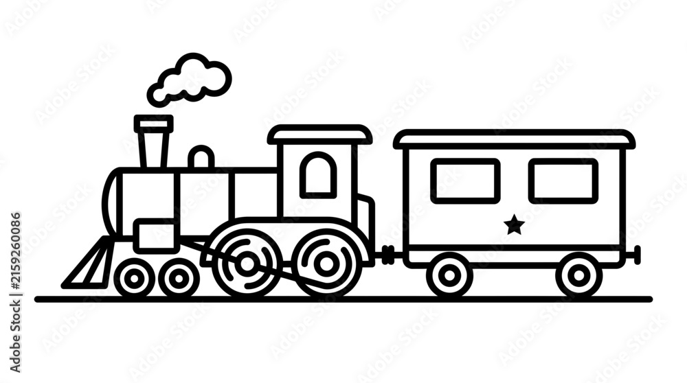 Naklejka premium Minimalist outline steam train locomotive vector illustration featuring simple black lines on a clean white background