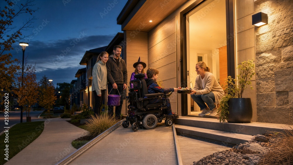 Obraz premium Boy in wheelchair trick or treating at house with ramp. Family celebrating Halloween with disabled child.