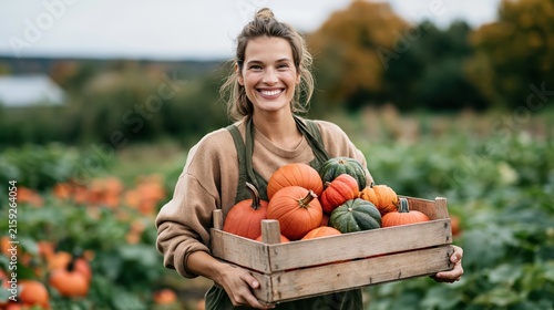Smiling farmer woman holding a wooden crate full of pumpkins in a field
