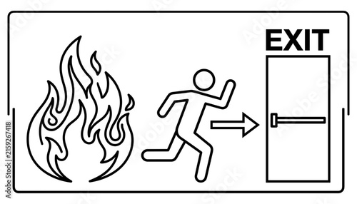 Emergency fire exit sign showing a running stick figure escaping flames toward an open door vector