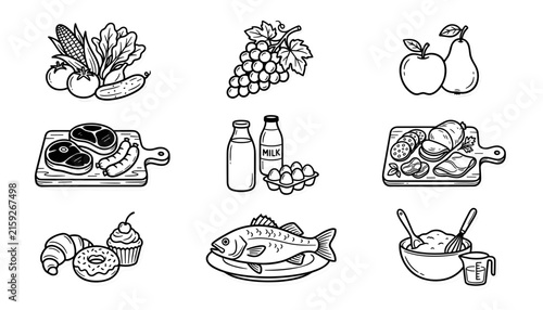 Hand drawn grocery store food icon set with fresh vegetables fruits meat dairy products bakery and fish vector