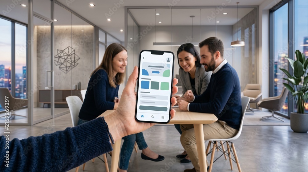 Fototapeta premium Team collaborates on mobile app design in modern office with city view