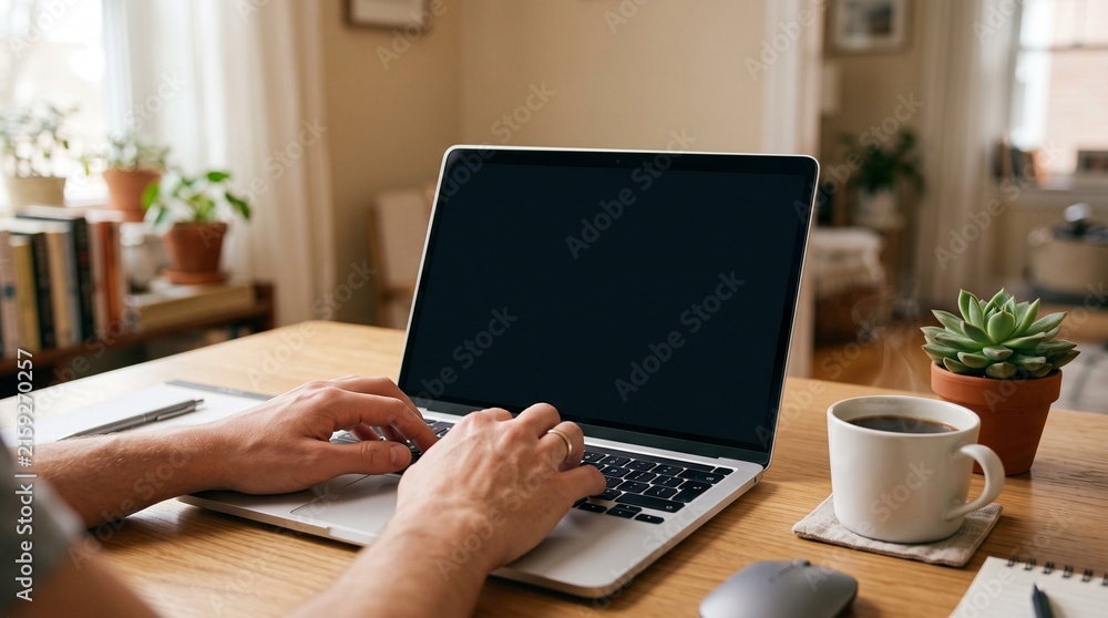 Fototapeta premium Hands typing on generic laptop with blank screen in cozy home office, morning light, copy space