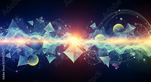 Abstract Energy Wave: A vibrant, abstract digital artwork depicting a powerful energy wave with geometric shapes and glowing particles.